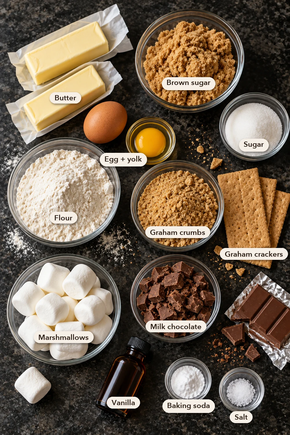 Labeled ingredients for s'mores cookies on a black stone counter: two sticks of butter, brown sugar, sugar, an egg and a yolk, flour, graham crumbs, graham crackers, milk chocolate, marshmallows, vanilla, baking soda and salt.