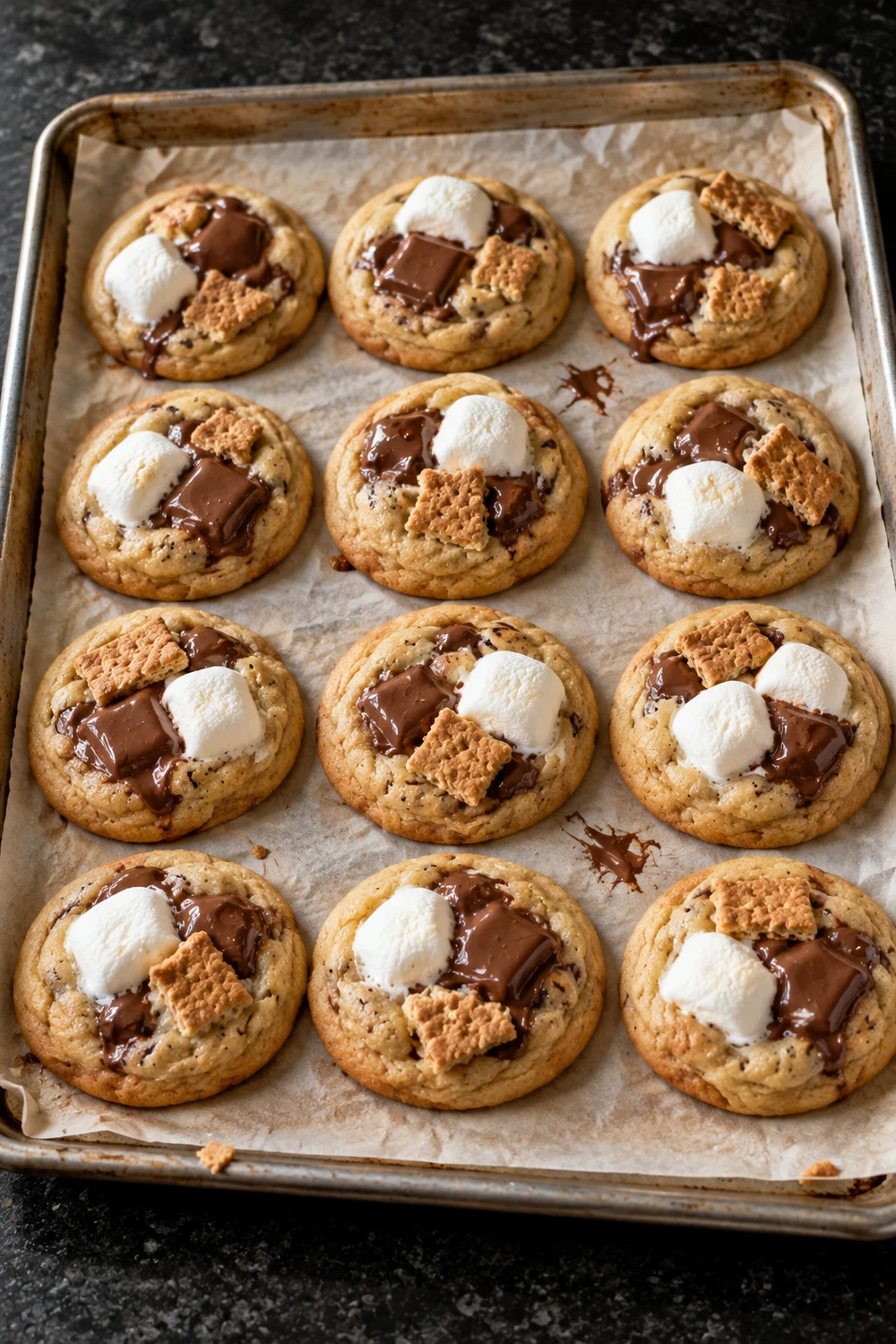 Twelve partly baked cookies on a parchment-lined sheet pan, each pressed with a white marshmallow half, a square of milk chocolate and a small piece of graham cracker.