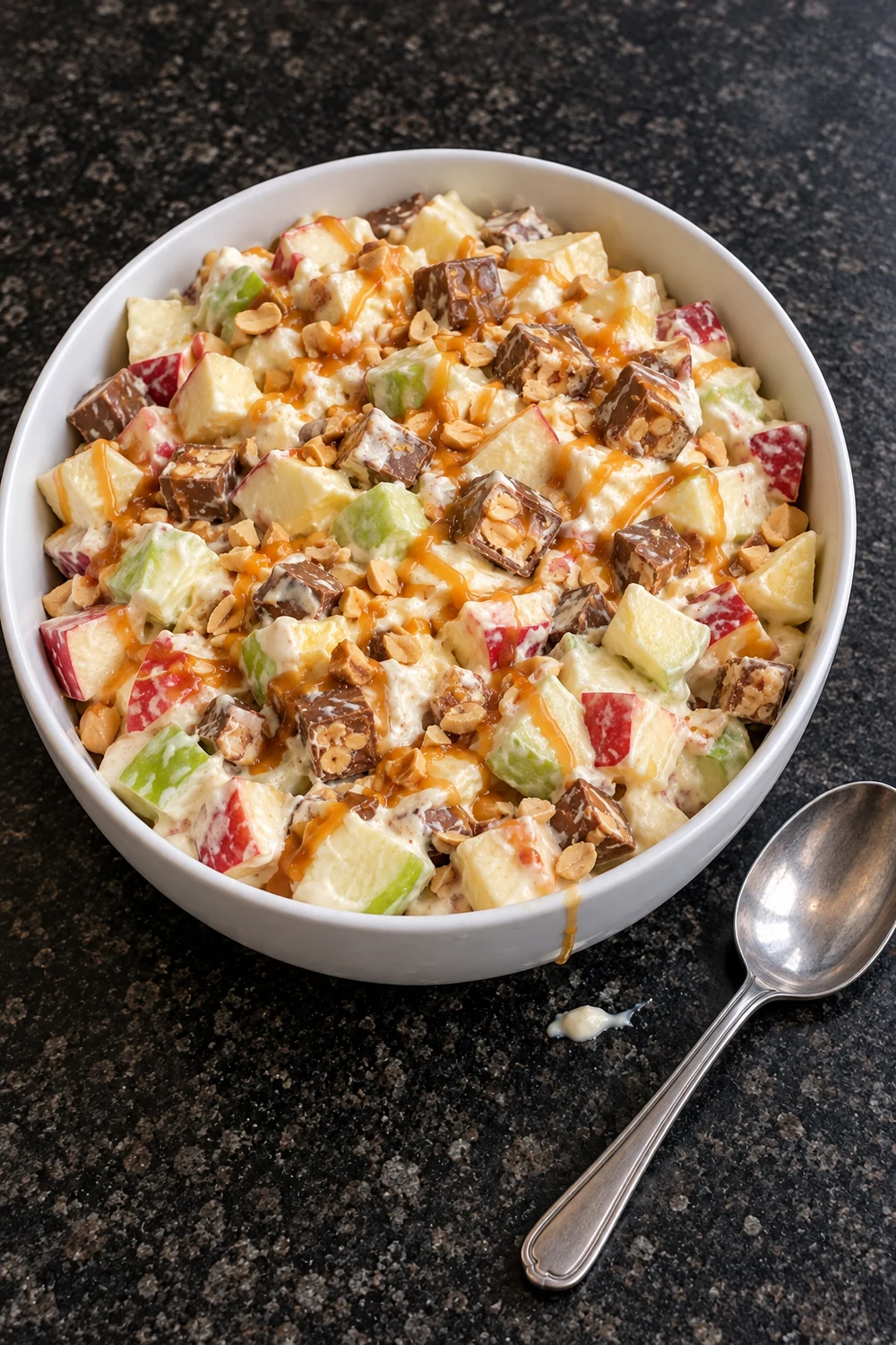 A full white bowl of Snickers apple salad from above, with caramel drizzled in thin lines, chopped peanuts, Snickers pieces and red and green apple chunks, and a spoon on the counter.