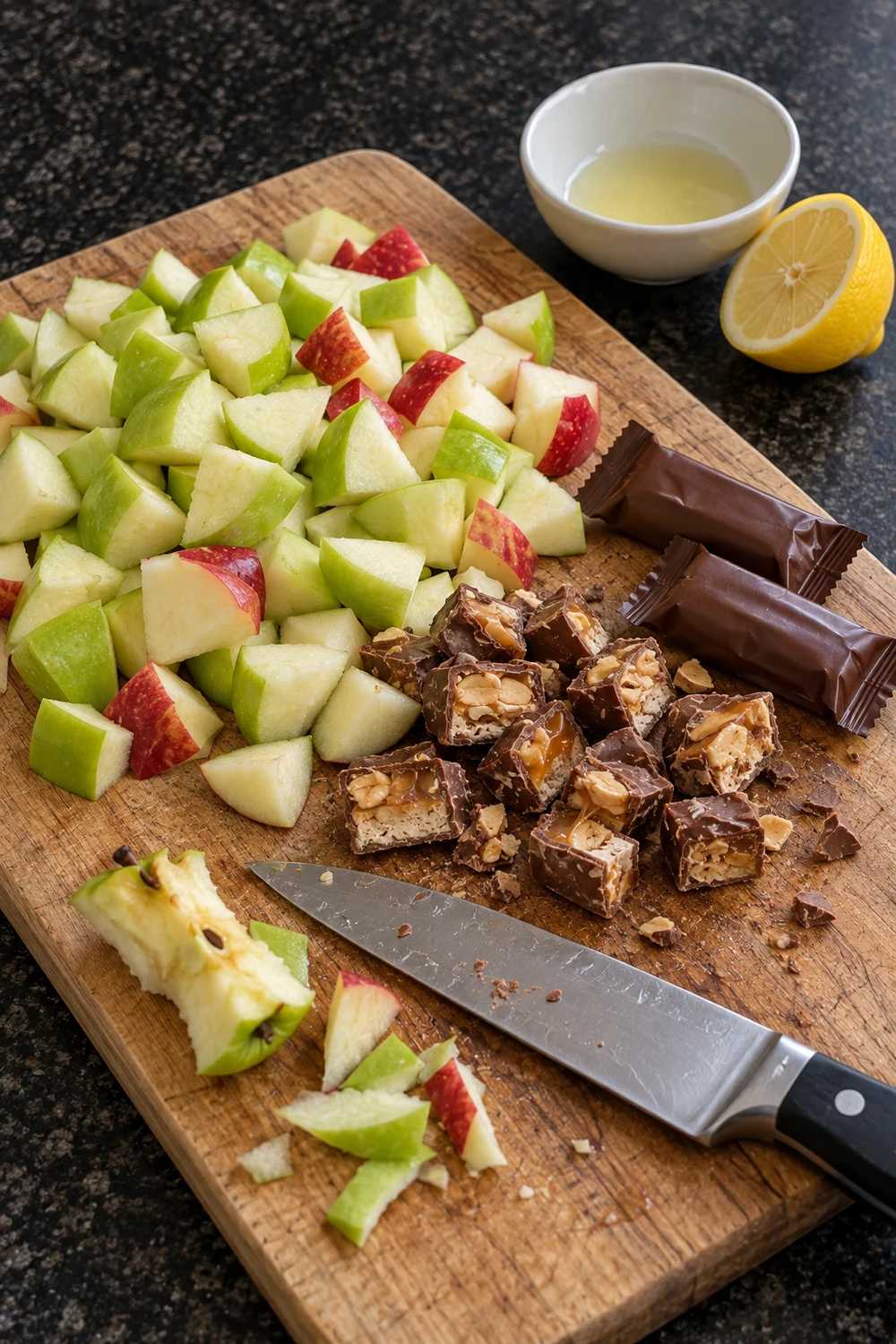 A wooden cutting board with skin-on green and red apple chunks, chopped Snickers pieces showing caramel and peanuts, two wrapped bars, a chef's knife, an apple core and a bowl of lemon juice beside a lemon half.