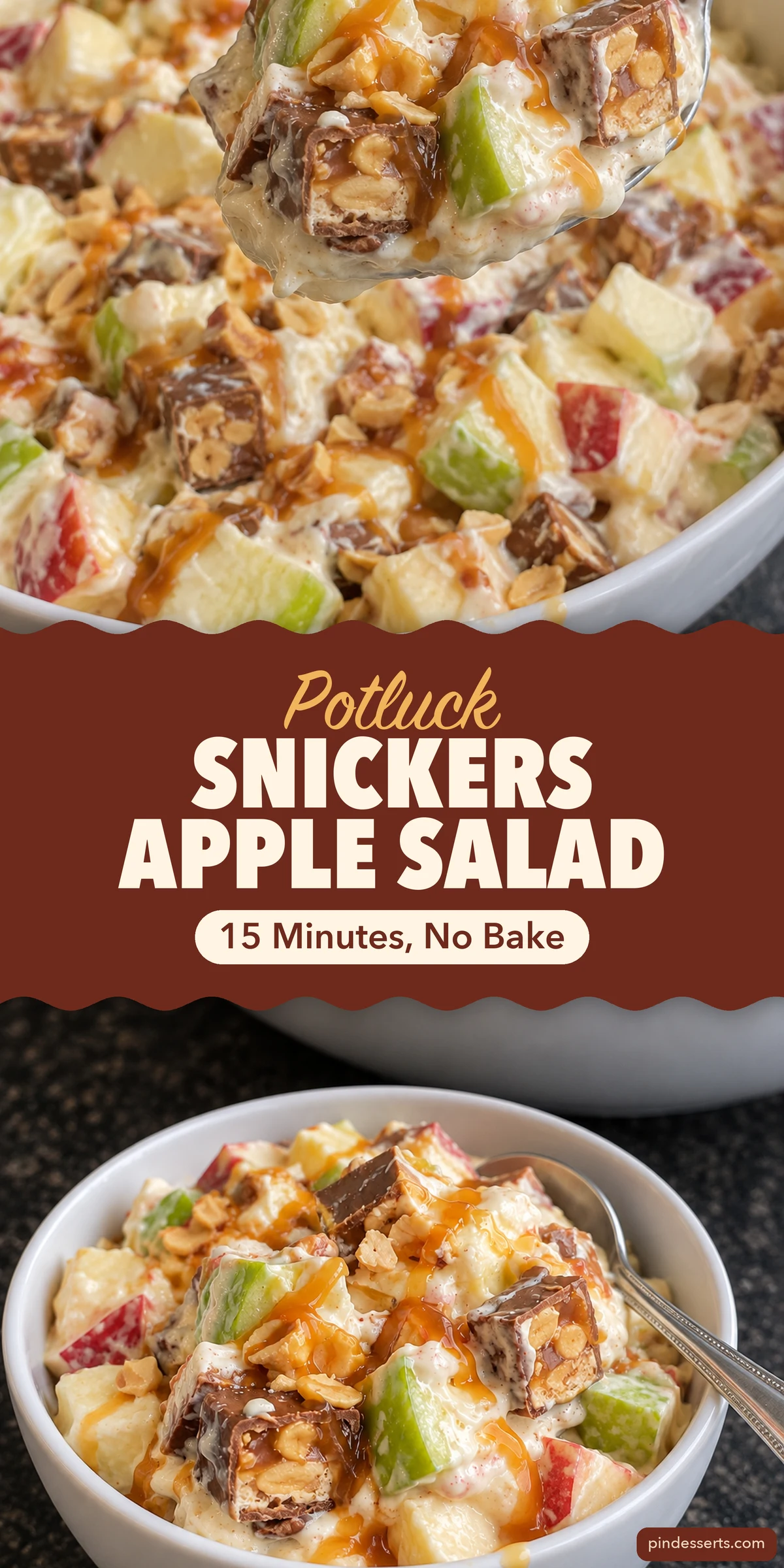 Snickers apple salad collage: a spoonful lifted from a bowl of creamy apple and Snickers salad above a small bowl drizzled with caramel, titled "Potluck Snickers Apple Salad, 15 Minutes, No Bake".