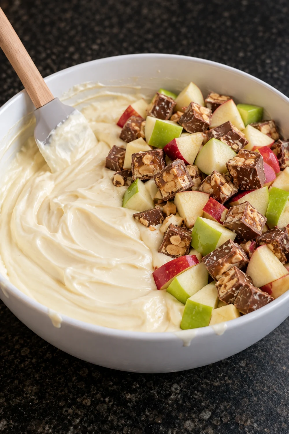 Thick vanilla pudding and whipped topping dressing in a white bowl with a spatula, and apple chunks and chopped Snickers piled on one side, ready to fold in.