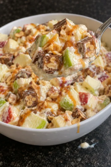 A spoonful of Snickers apple salad lifted from a white serving bowl, with green and red apple chunks, Snickers pieces showing peanuts and caramel, creamy vanilla dressing and a caramel drizzle, on a black stone counter.