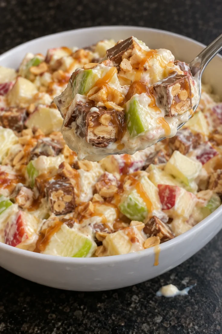 A spoonful of Snickers apple salad lifted from a white serving bowl, with green and red apple chunks, Snickers pieces showing peanuts and caramel, creamy vanilla dressing and a caramel drizzle, on a black stone counter.