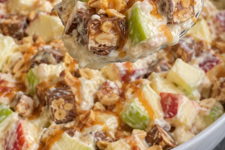 A spoonful of Snickers apple salad lifted from a white serving bowl, with green and red apple chunks, Snickers pieces showing peanuts and caramel, creamy vanilla dressing and a caramel drizzle, on a black stone counter.