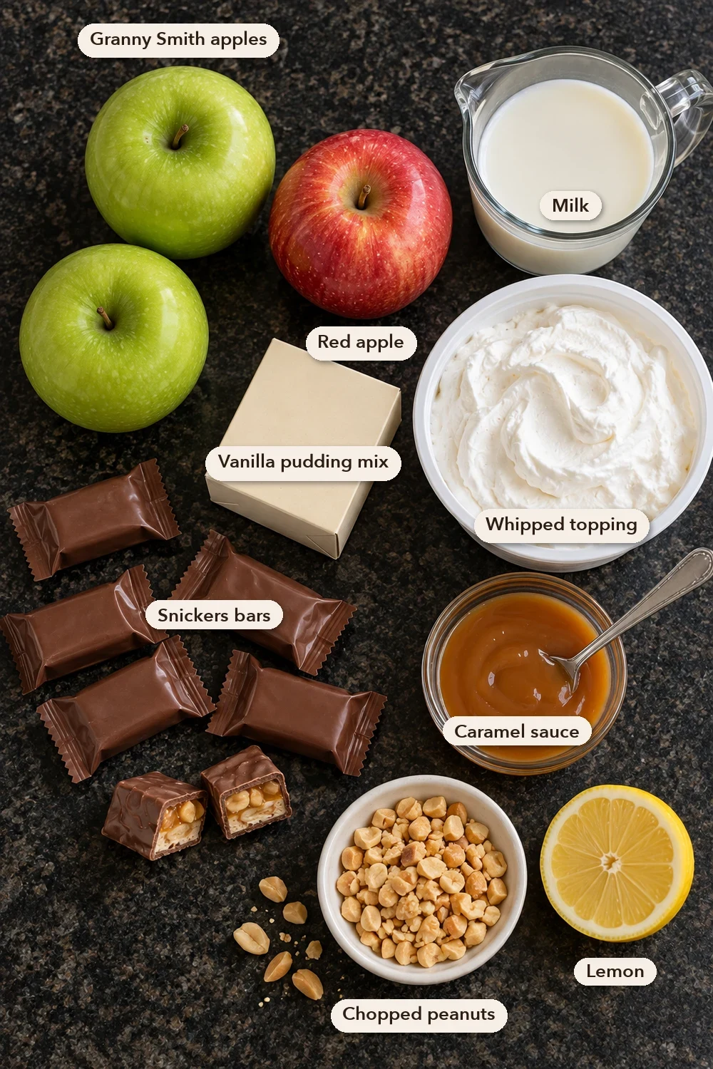 Labeled ingredients for Snickers apple salad: Granny Smith apples, a red apple, milk, vanilla pudding mix, whipped topping, Snickers bars, caramel sauce, chopped peanuts and a lemon on a black stone counter.