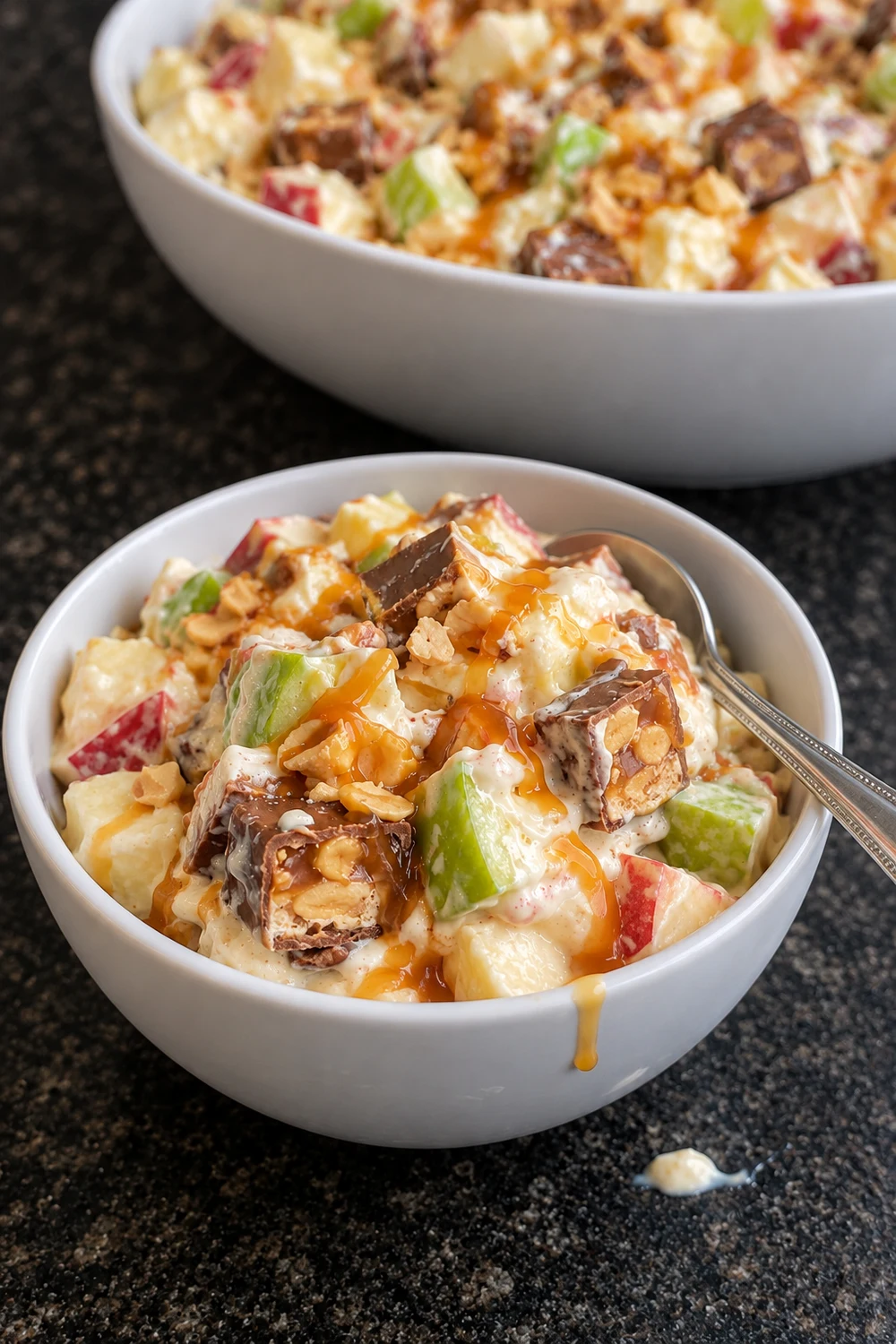 A small white bowl of Snickers apple salad with a spoon, caramel dripping over the rim, and the large serving bowl of salad behind it.
