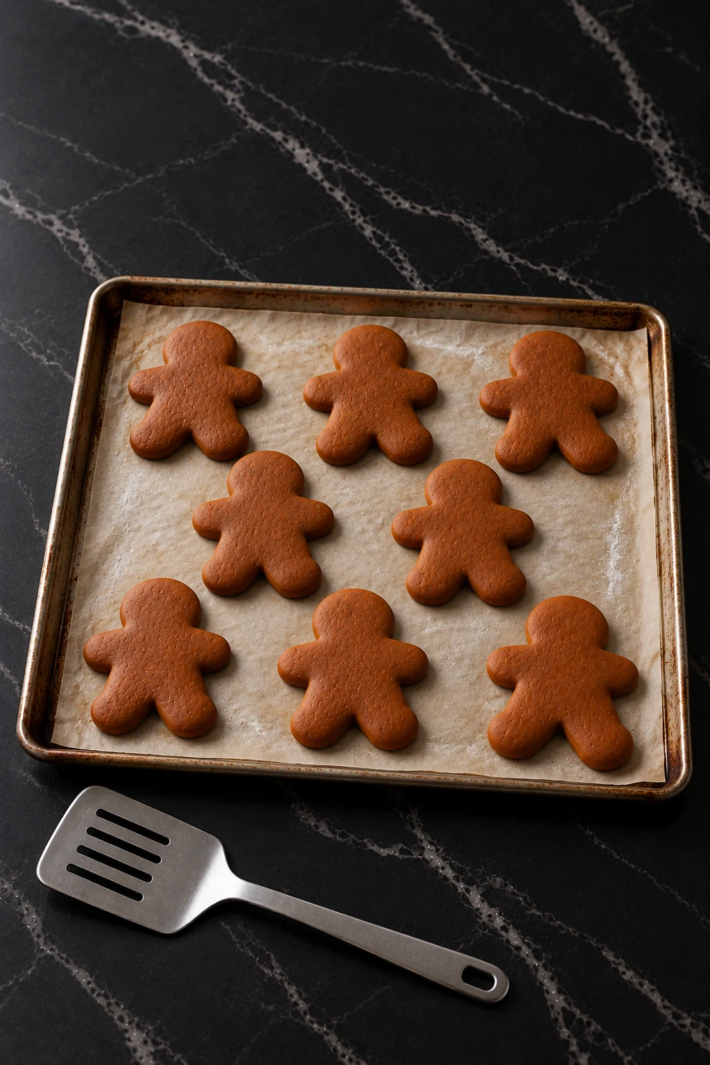 Eight plain baked gingerbread men on a parchment-lined, well-used baking sheet, puffy and matte with set edges, and a metal spatula on the marble in front.