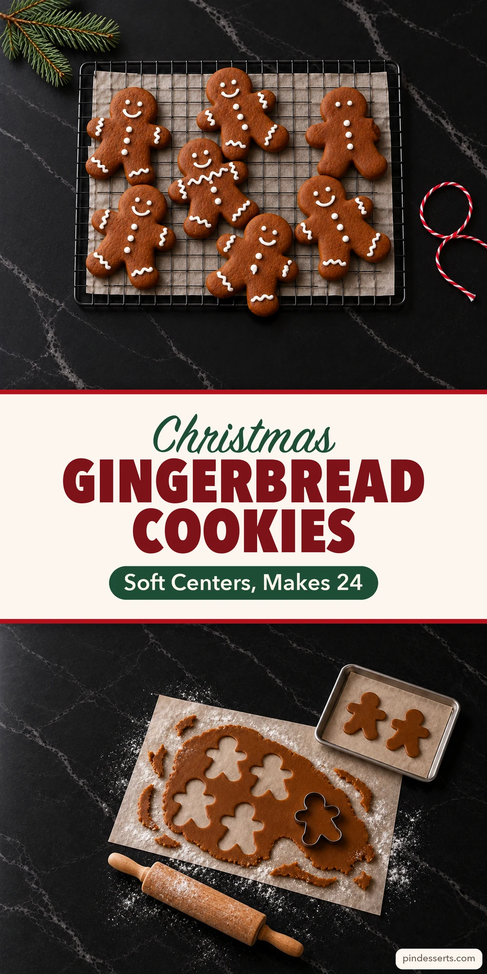 Iced gingerbread men cooling on a wire rack above rolled-out gingerbread dough with gingerbread-man shapes cut from it, joined by a snow-white panel that reads Christmas Gingerbread Cookies, Soft Centers, Makes 24.
