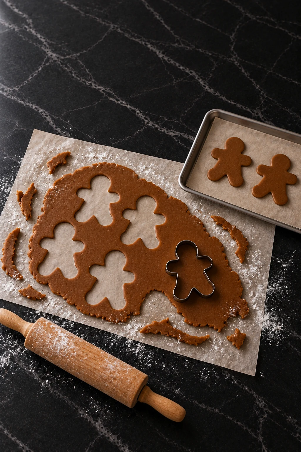 Gingerbread dough rolled out on floured parchment with gingerbread-man holes cut from it, a metal cutter resting in the dough, two cut shapes on a small baking sheet and a floury rolling pin beside it.