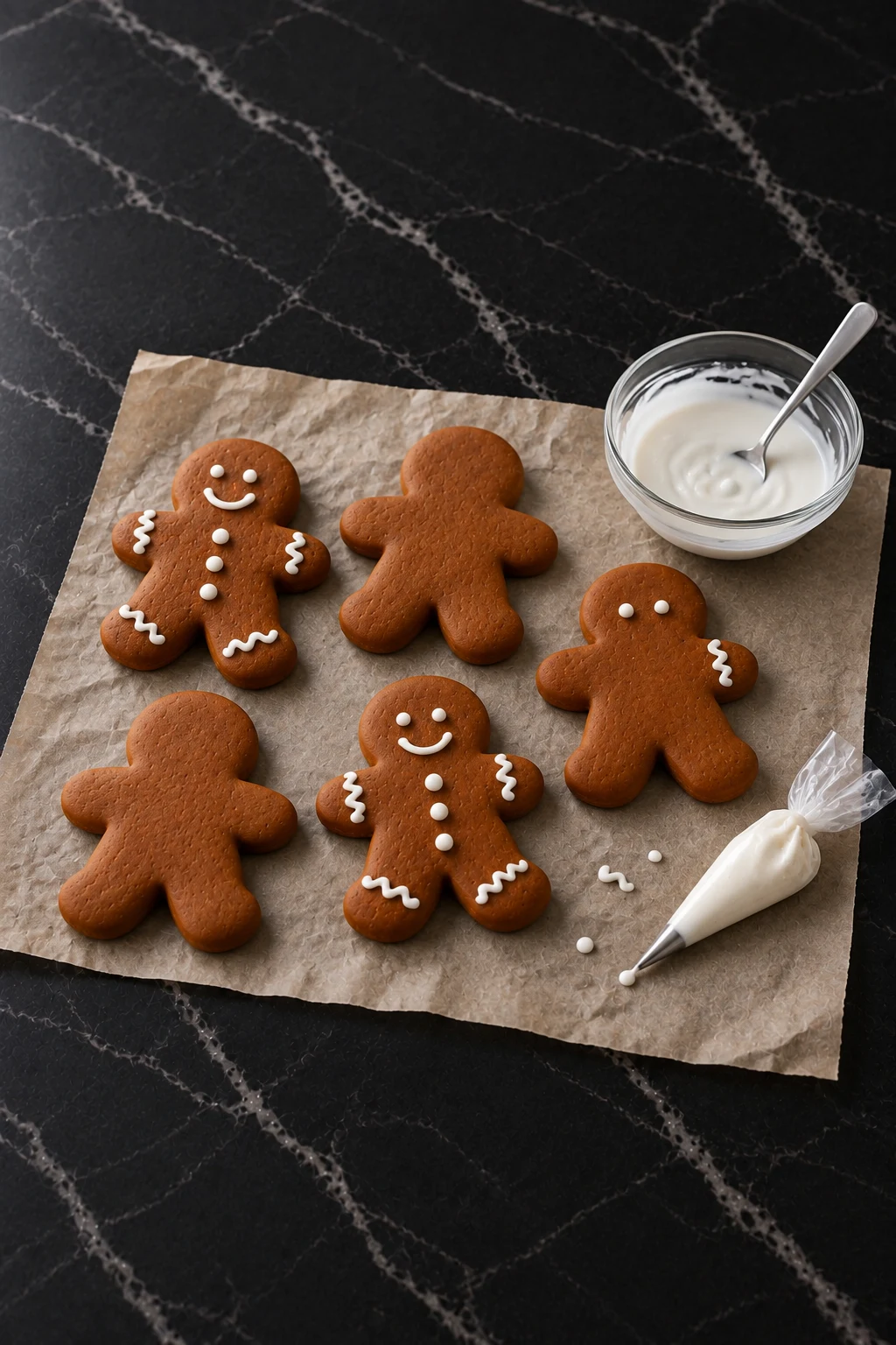 Gingerbread men on parchment in different stages of decorating, two piped with white icing, one half done and two still plain, next to a piping bag and a small bowl of icing.