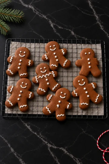 Seven soft gingerbread men on a wire cooling rack over parchment, each piped by hand with white royal icing cuffs, eyes and buttons, a pine sprig and red and white twine on the black marble around them.