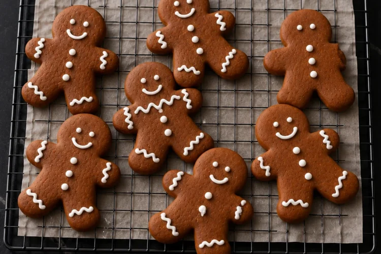 Seven soft gingerbread men on a wire cooling rack over parchment, each piped by hand with white royal icing cuffs, eyes and buttons, a pine sprig and red and white twine on the black marble around them.