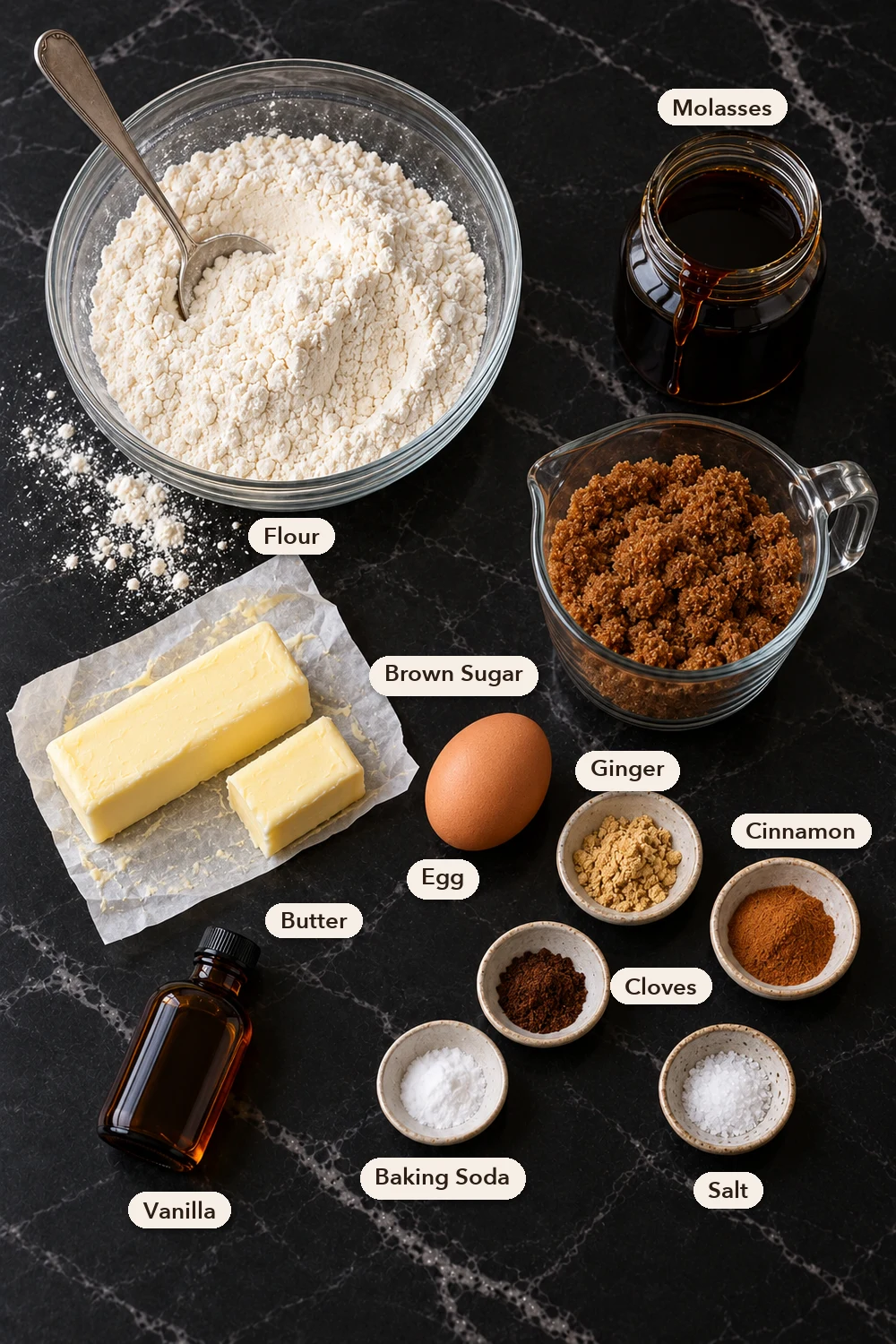 Labeled gingerbread cookie ingredients from above on black marble: a bowl of flour, a jar of molasses, packed dark brown sugar, butter on its wrapper, an egg, small dishes of ginger, cinnamon, cloves, baking soda and salt, and vanilla.