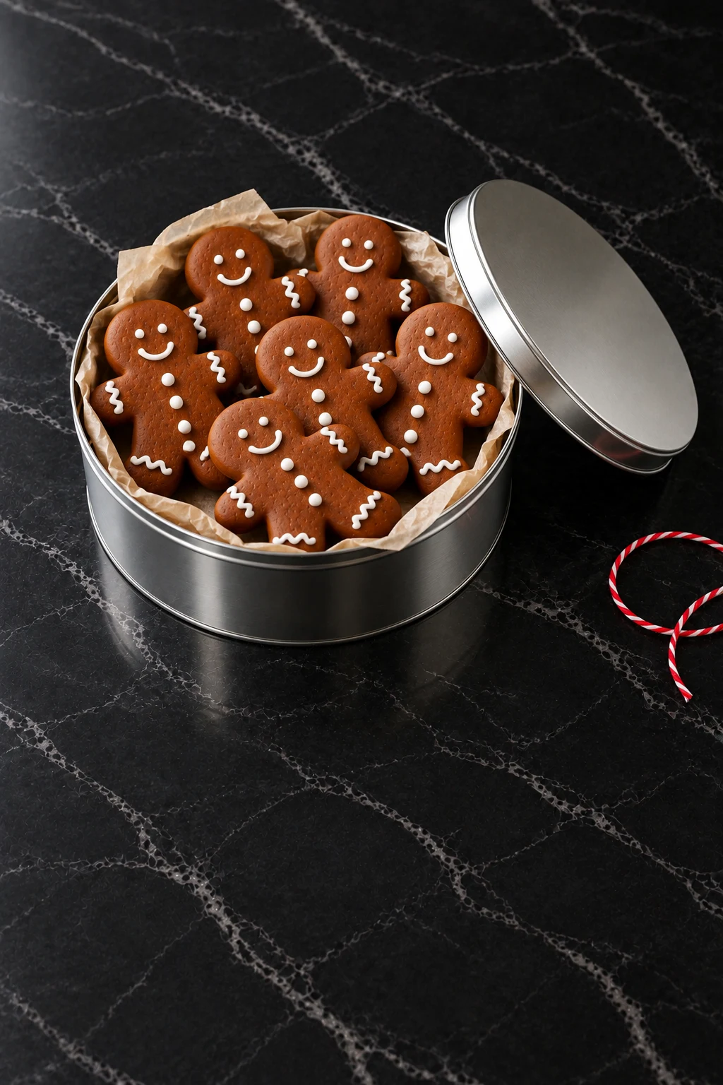 A round silver tin lined with parchment and packed with iced gingerbread men, the lid leaning on its side and a loop of red and white twine on the marble.