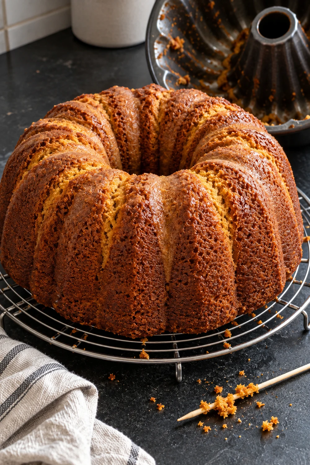 An unglazed sweet potato bundt cake turned out onto a round wire rack, with a deep golden-brown crust, the empty bundt pan behind and a skewer with moist crumbs beside it.