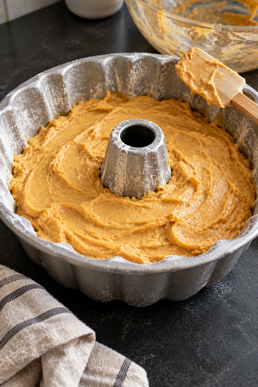 Thick, pale orange sweet potato pound cake batter spread in a greased and floured metal bundt pan, with a batter-coated spatula resting on the rim and the mixing bowl behind.