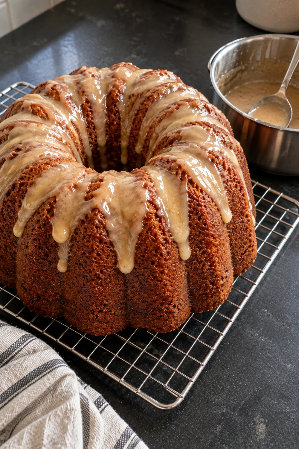 Brown butter glaze freshly spooned over a sweet potato bundt cake on a wire rack, thick drips running down the ridges, with a saucepan of flecked glaze and a spoon beside it.