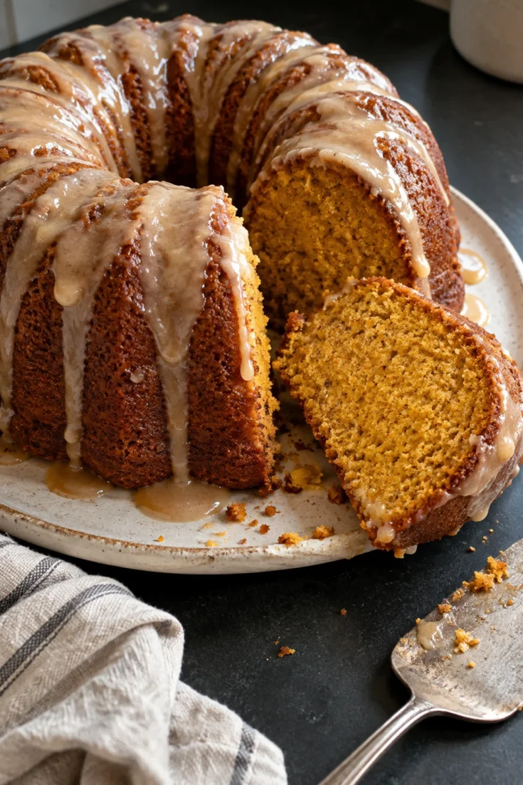 A glazed sweet potato pound cake on a speckled cream plate with one thick slice cut and tipped on its side, showing a moist golden-orange crumb under brown butter glaze drips, on a black stone counter.