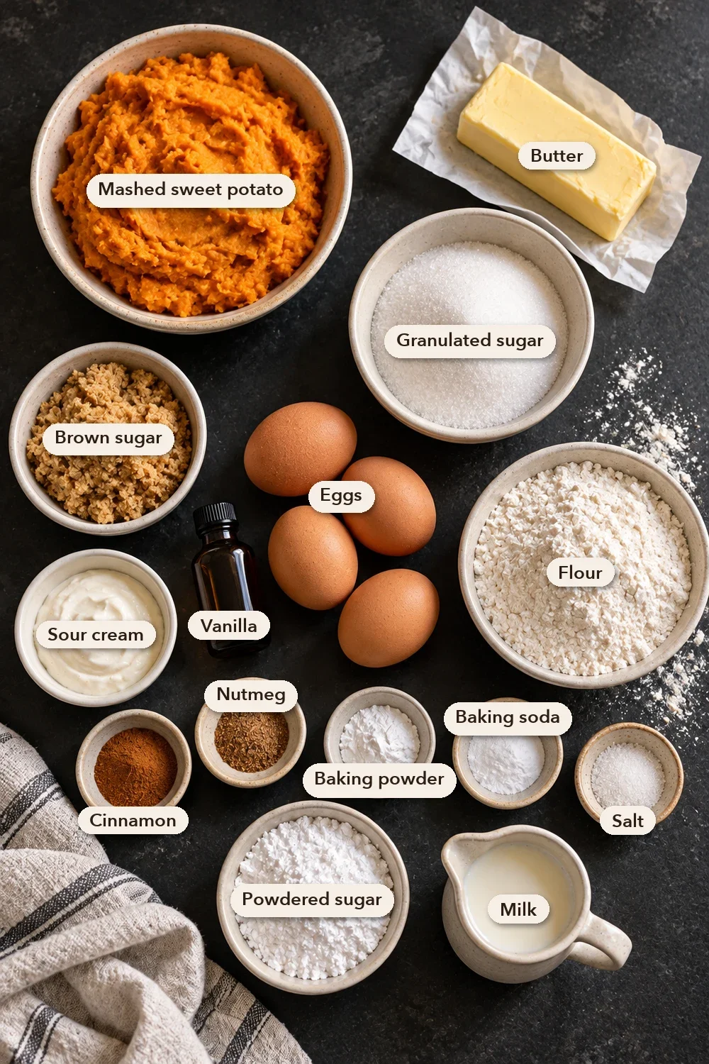 Labeled ingredients for sweet potato pound cake: mashed sweet potato, butter, granulated sugar, brown sugar, eggs, vanilla, flour, sour cream, cinnamon, nutmeg, baking powder, baking soda, salt, powdered sugar and milk.