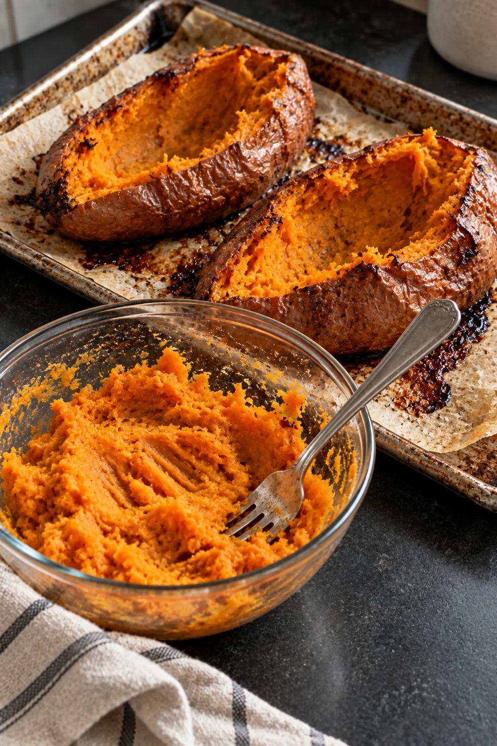 Two roasted sweet potatoes split open on a parchment-lined sheet pan with caramelized syrup on the paper, next to a glass bowl of bright orange sweet potato mashed with a fork.