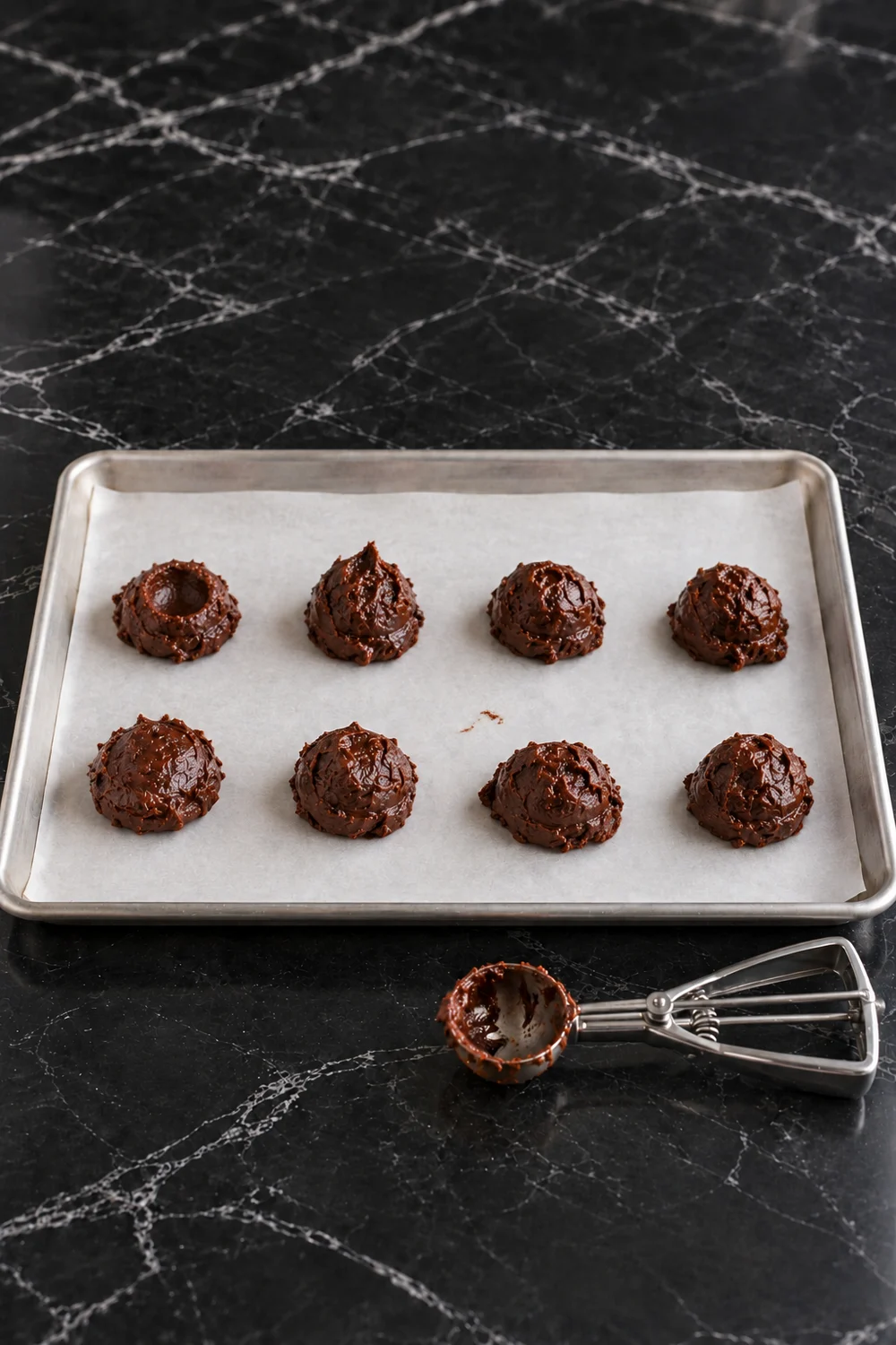 Eight rough mounds of soft chocolate cookie dough in two rows on a parchment-lined sheet pan, one with a thumb dent, and a cookie scoop with dough left in it beside the pan.