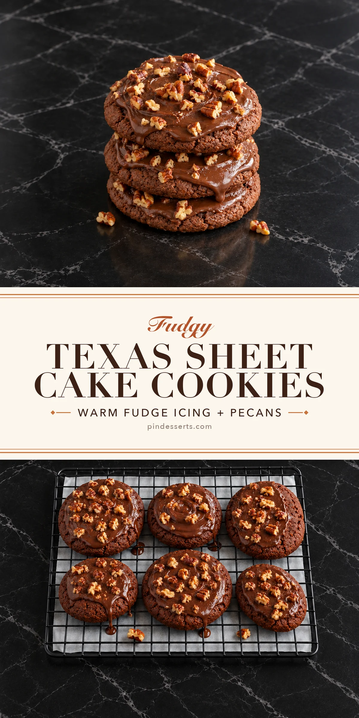 Three fudge-iced chocolate cookies stacked high above six more cooling on a wire rack over parchment, separated by an ivory serif banner that reads Fudgy Texas Sheet Cake Cookies, Warm Fudge Icing + Pecans.