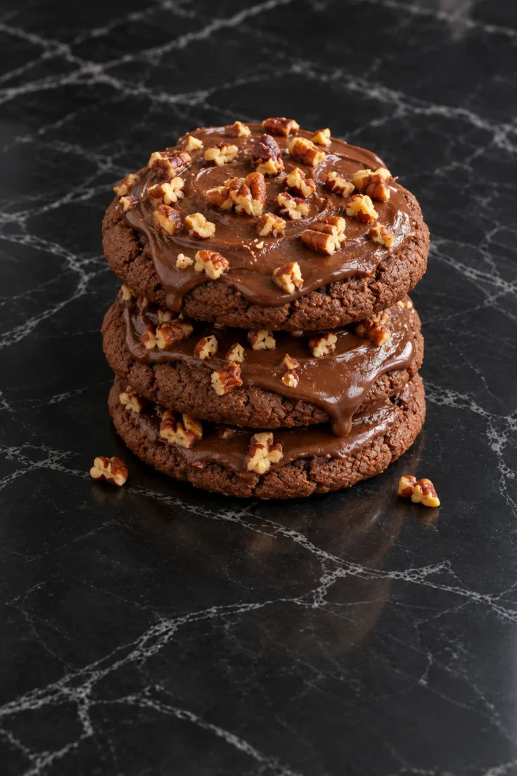 A stack of three soft chocolate Texas sheet cake cookies on black marble, each covered in glossy fudge icing that drips over the edge, topped with chopped toasted pecans, with two pecan pieces on the counter.