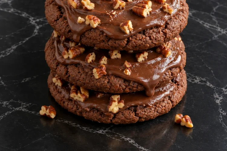 A stack of three soft chocolate Texas sheet cake cookies on black marble, each covered in glossy fudge icing that drips over the edge, topped with chopped toasted pecans, with two pecan pieces on the counter.