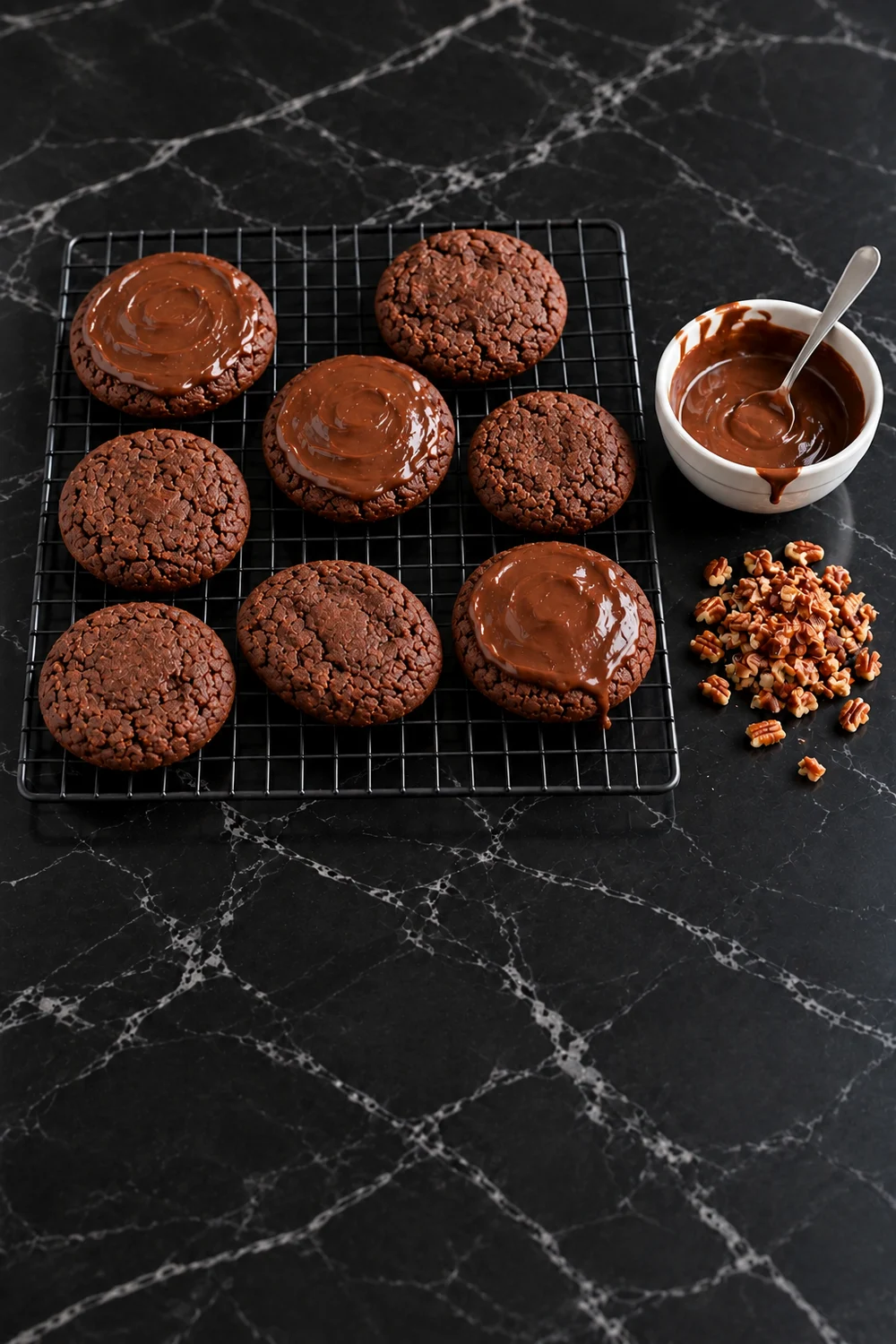 Baked chocolate cookies on a wire rack, three already topped with shiny warm fudge icing, next to a white bowl of icing with a spoon and a small pile of chopped pecans.