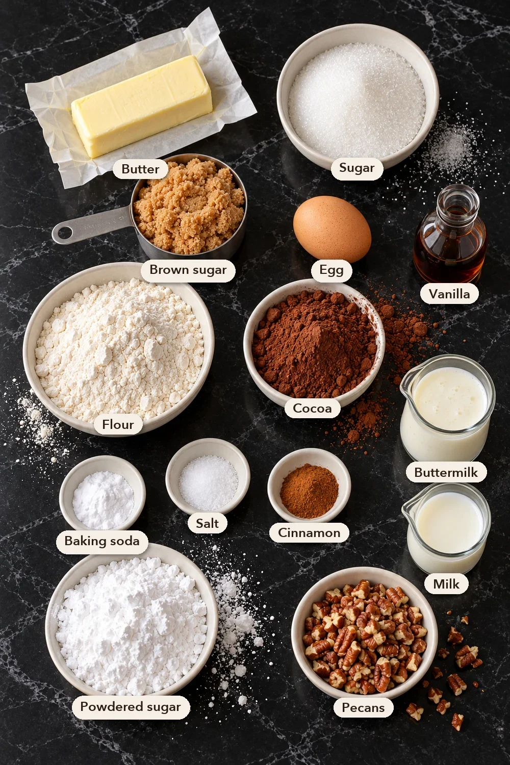 Labeled ingredients spread over black marble from above: butter on its wrapper, white and brown sugar, an egg, vanilla, flour, cocoa powder, buttermilk, milk, baking soda, salt, cinnamon, powdered sugar and a bowl of chopped pecans.