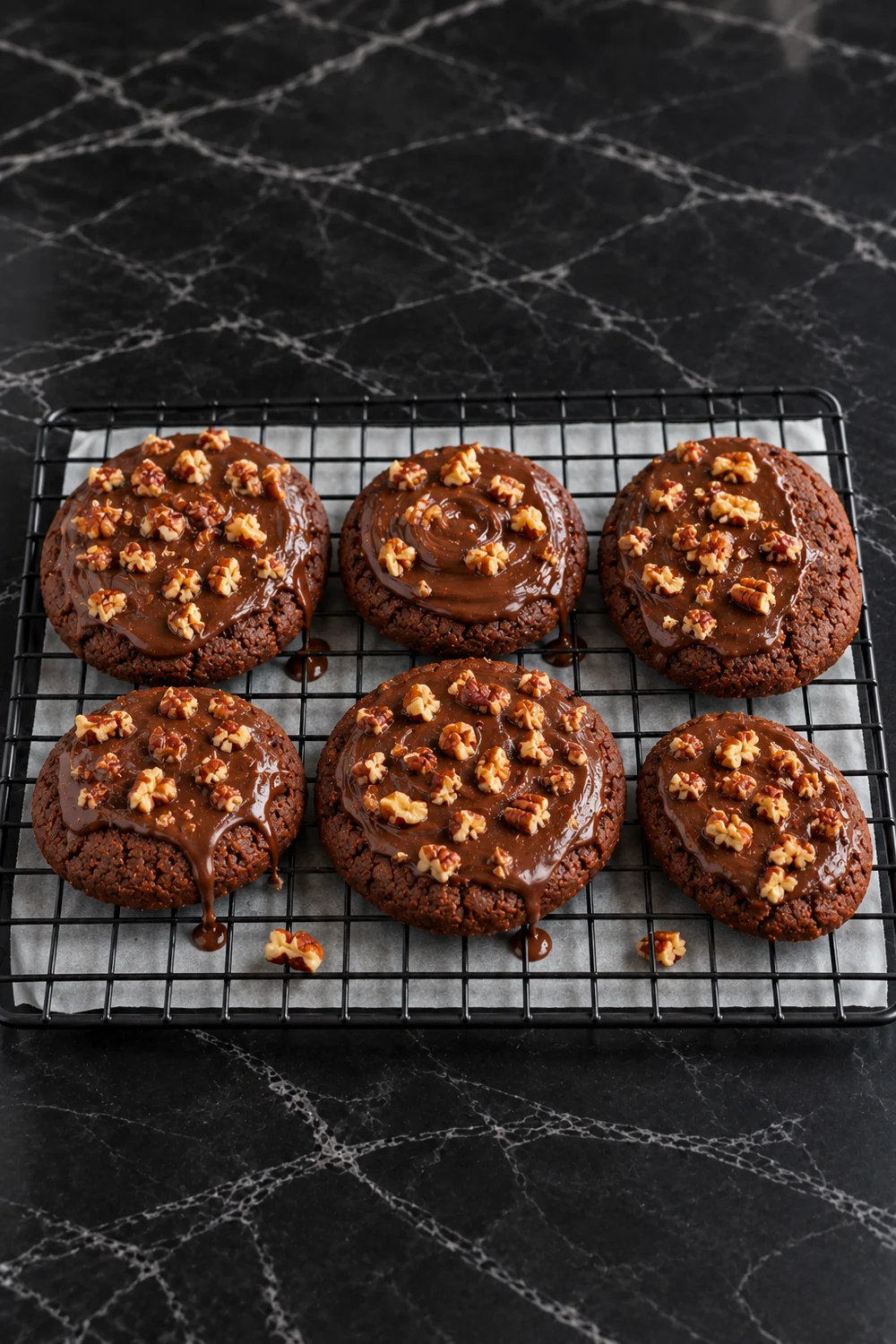 Six iced chocolate cookies with uneven pecan toppings set on a black wire rack, a few drips of fudge icing on the parchment underneath.